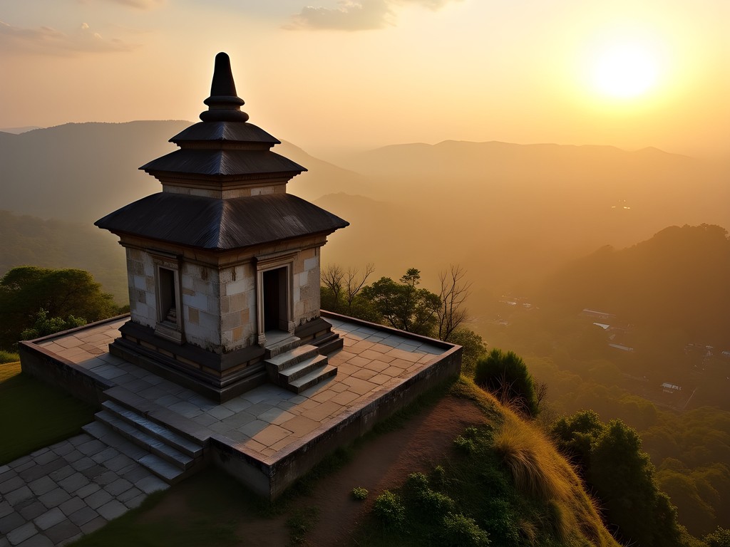 Small Hindu temple of Candi Ijo on hilltop with panoramic view of Yogyakarta at sunset
