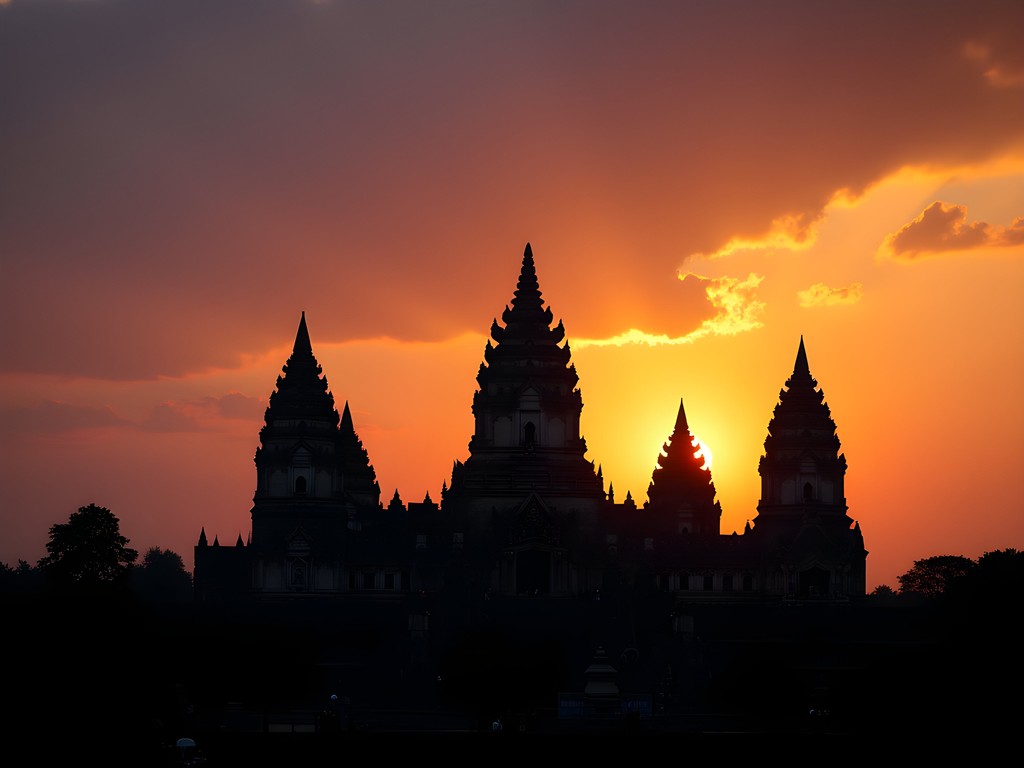 Prambanan temple spires silhouetted against dramatic orange sunset sky in Yogyakarta