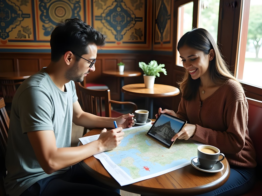 Couple planning temple visits with map and guidebook at traditional Javanese café in Yogyakarta