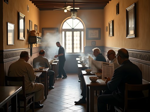 Traditional breakfast of ful medames at local Alexandria eatery with Egyptian patrons