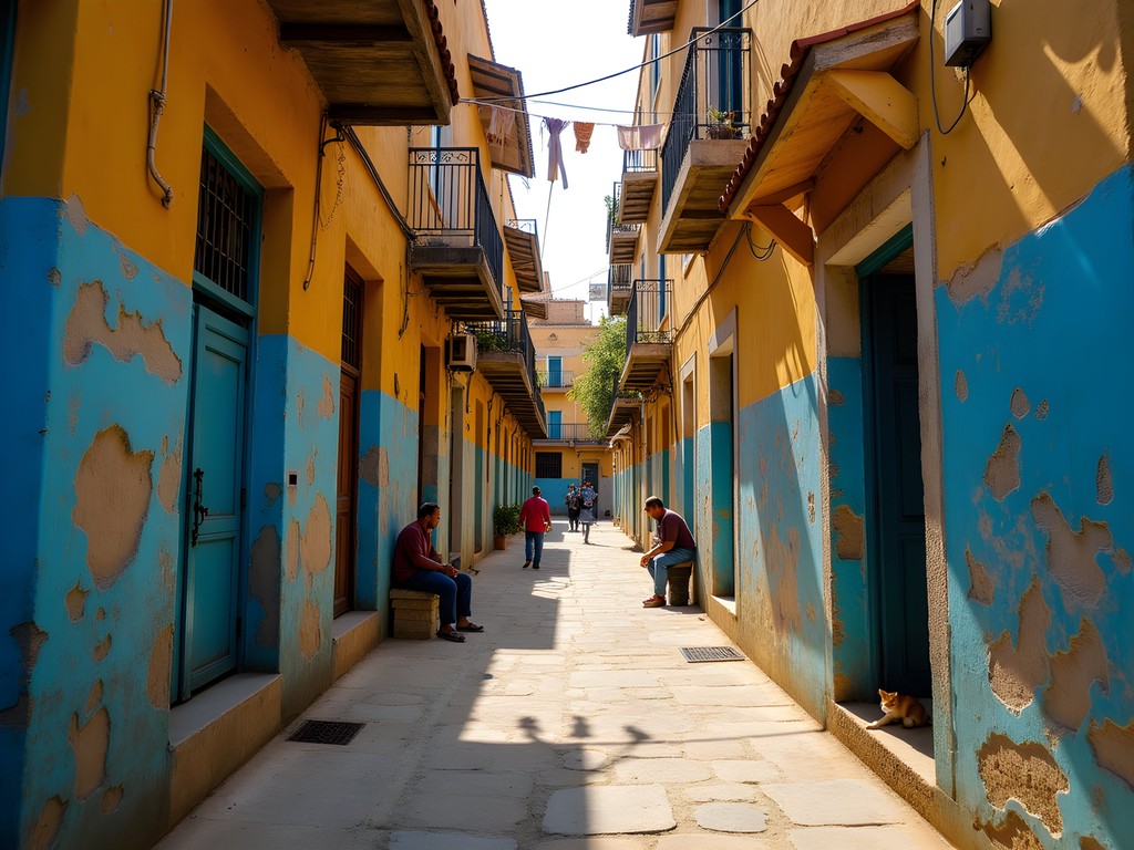 Colorful narrow street in Anfoushi neighborhood with local life and street art