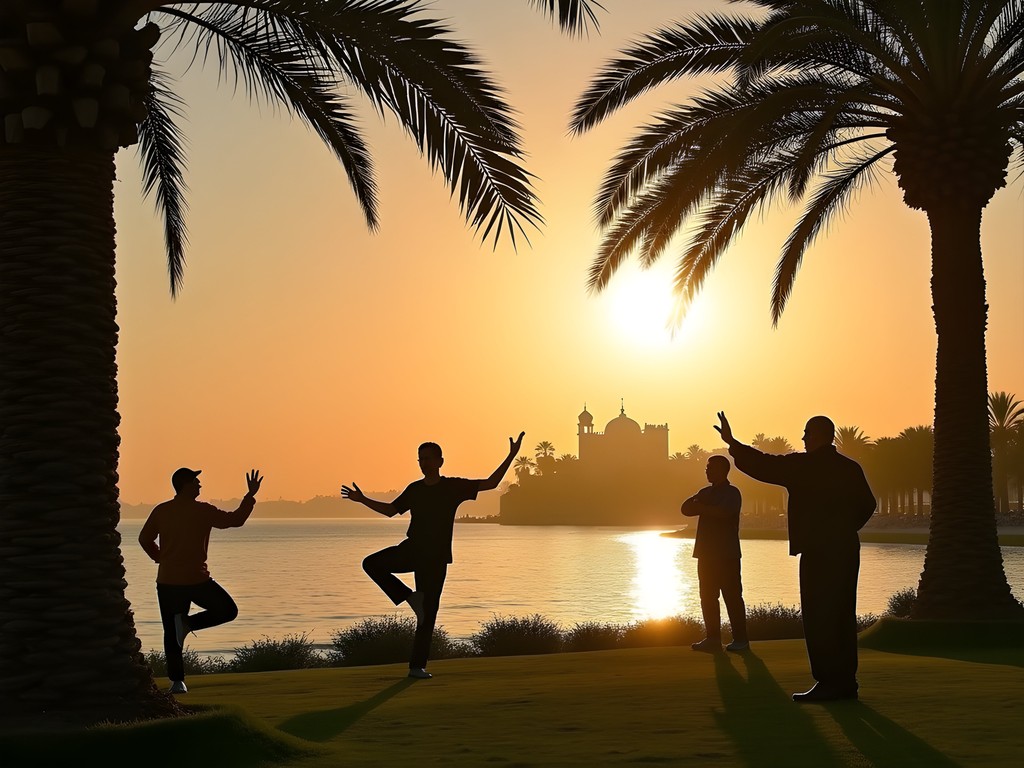 Sunrise at Montaza Gardens with locals practicing tai chi by the Mediterranean