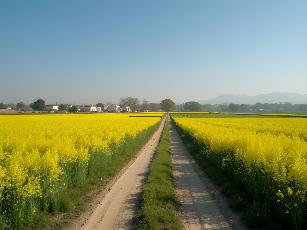 Bicycle journey through mustard fields outside Amritsar with village in distance