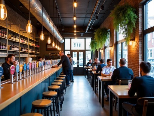 Interior of a hip craft brewery in Amsterdam with locals enjoying beer flights