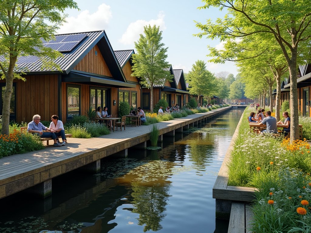 Sustainable floating community with repurposed houseboats and garden walkways in Amsterdam