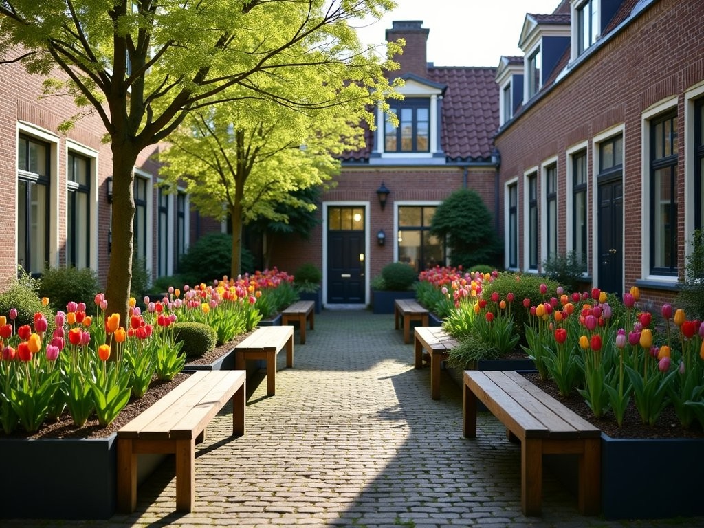 Secret courtyard garden in Amsterdam's Jordaan district with blooming spring flowers