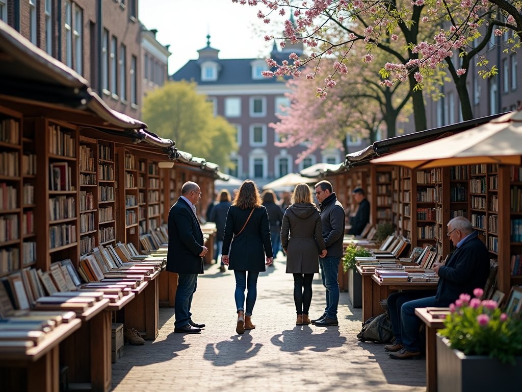 Friday book market at Spui Square in Amsterdam with locals browsing book stalls