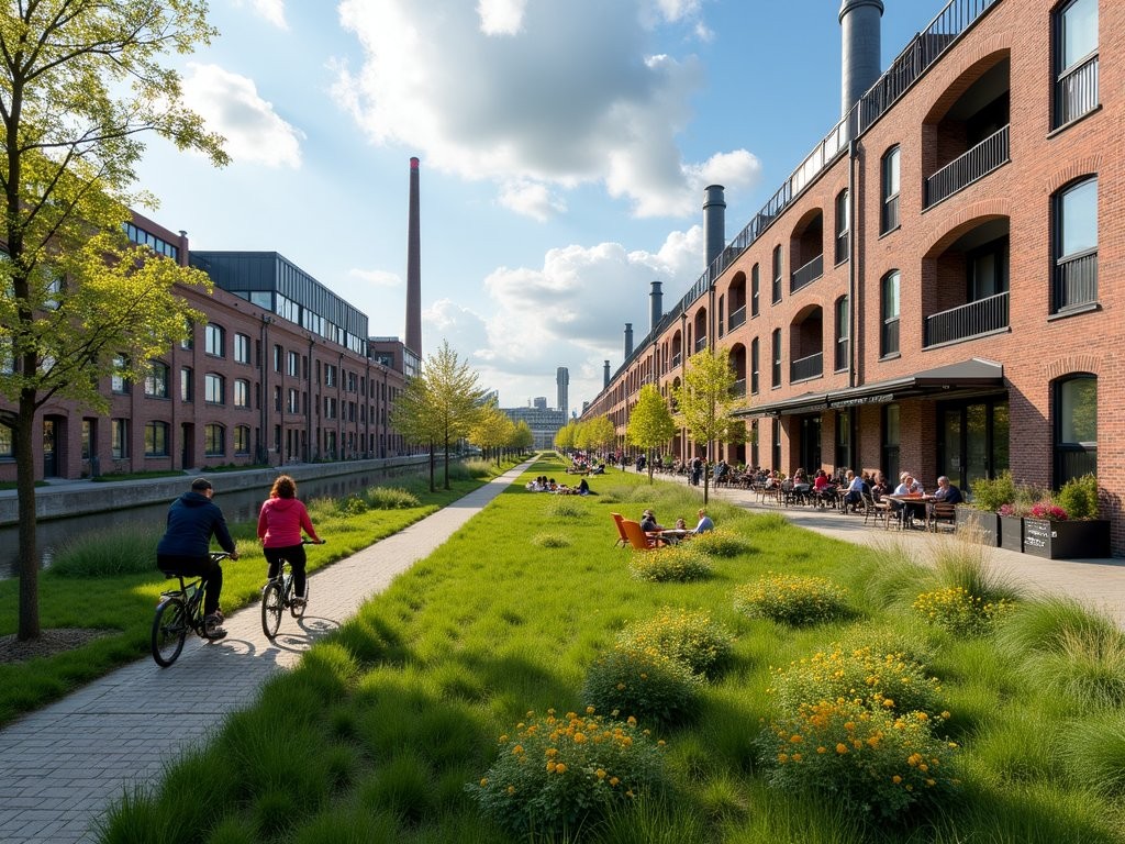Revitalized industrial buildings of Westergasfabriek with spring blooms and locals enjoying the park