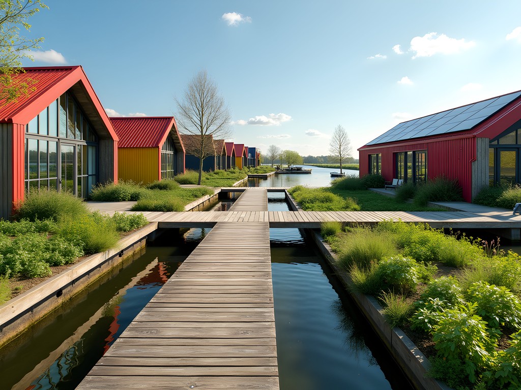 Innovative sustainable architecture at De Ceuvel eco-community in Amsterdam Noord with solar panels and phytoremediation gardens