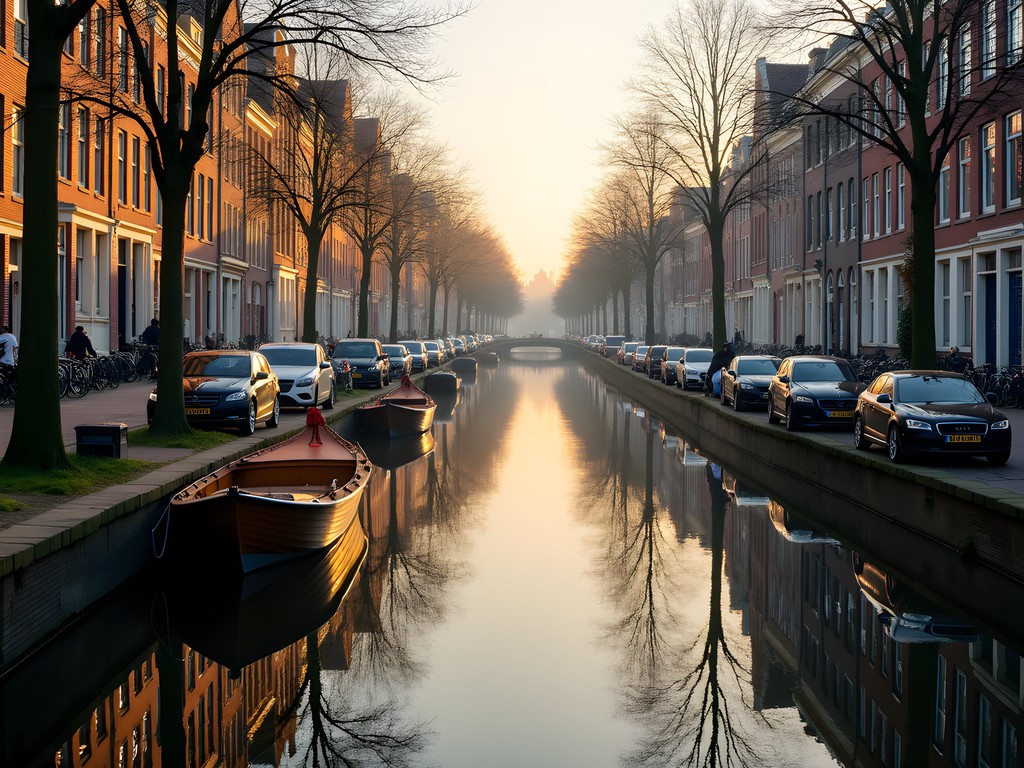 Secluded Amsterdam canal at dawn with historic warehouses reflected in still water