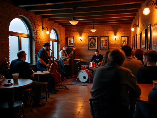 Intimate Amsterdam underground jazz club with local musicians performing in atmospheric lighting