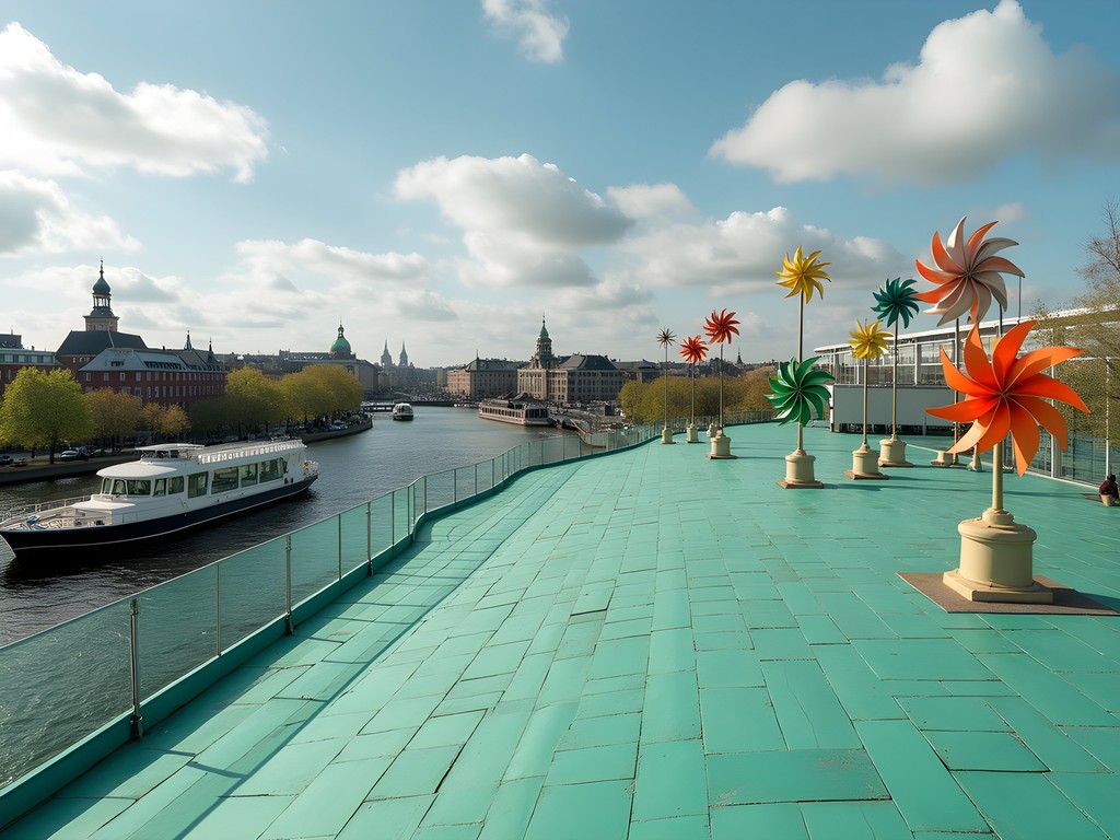 NEMO Science Museum rooftop with interactive wind physics demonstrations and Amsterdam skyline