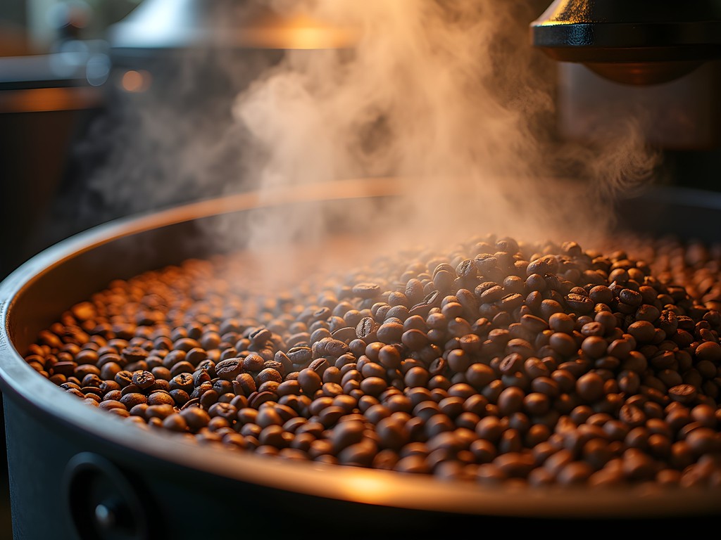 Coffee roasting process at Roos Roast with beans cooling in the roaster