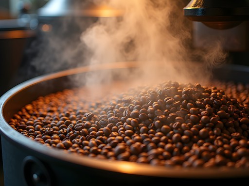 Coffee roasting process at Roos Roast with beans cooling in the roaster