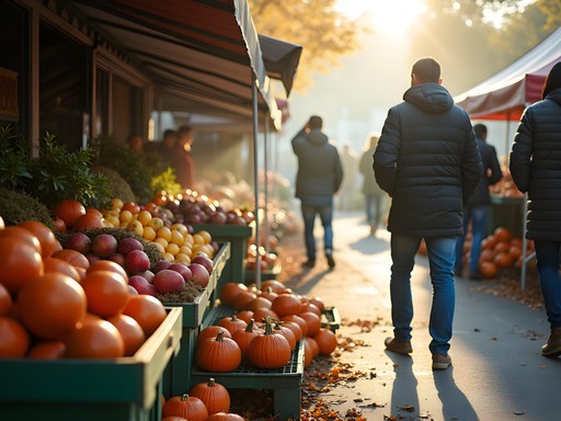 Early morning at Ann Arbor Farmers Market with local vendors setting up colorful fall produce displays