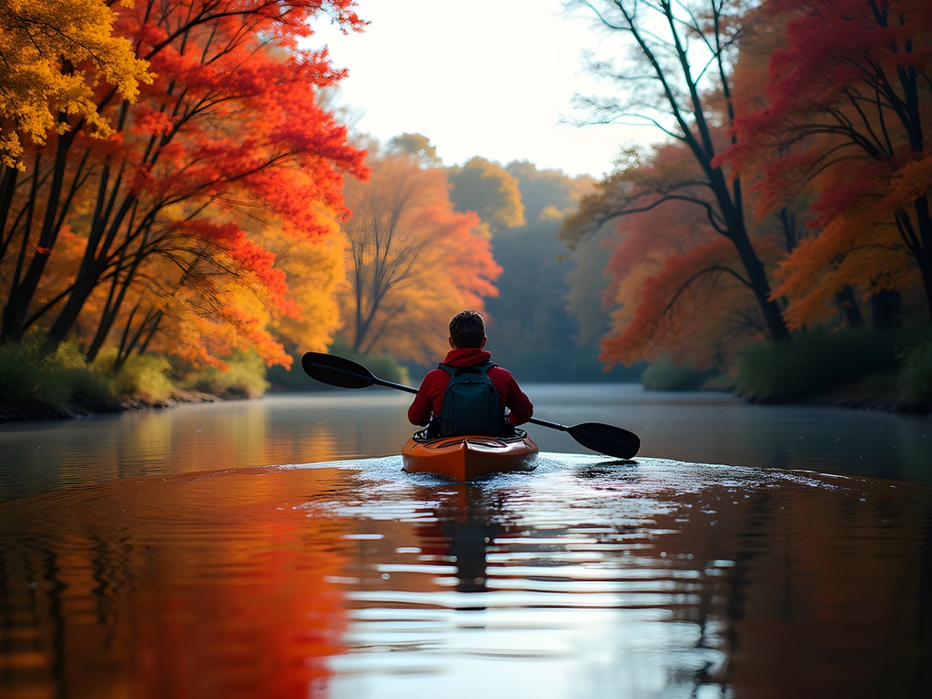 Kayaker paddling through fall foliage on Huron River in Ann Arbor