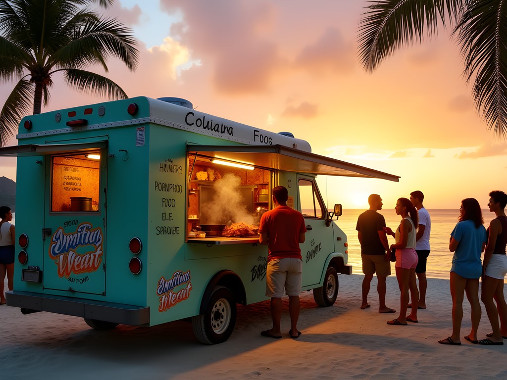 Local food truck in Antriol at sunset with customers gathering
