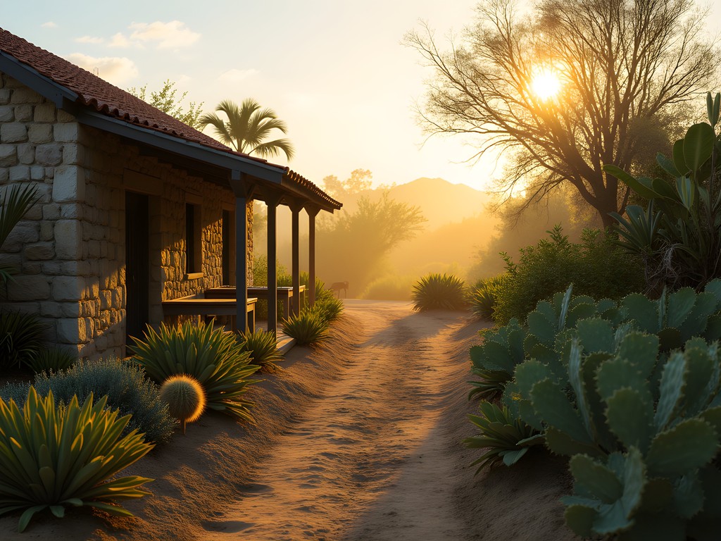 Traditional kunuku garden in early morning light with stone walls and desert-adapted plants