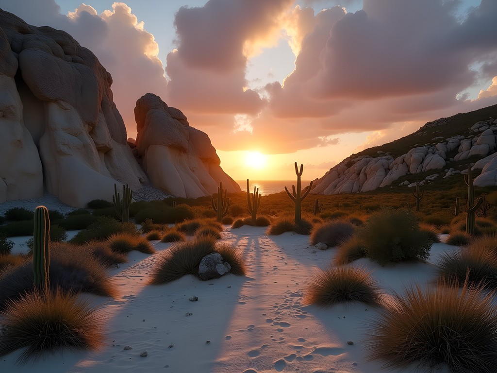 Sacred limestone formation in Antriol at sunrise with geometric light patterns
