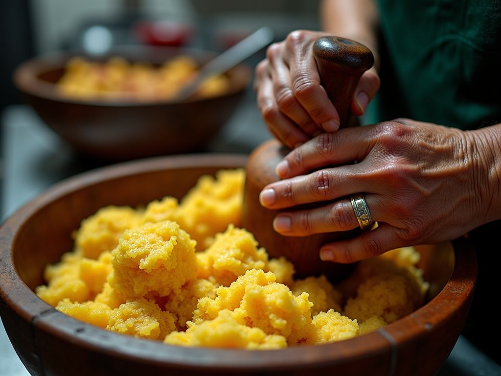 Traditional mofongo being prepared in a wooden pilĂłn at a local Arecibo restaurant