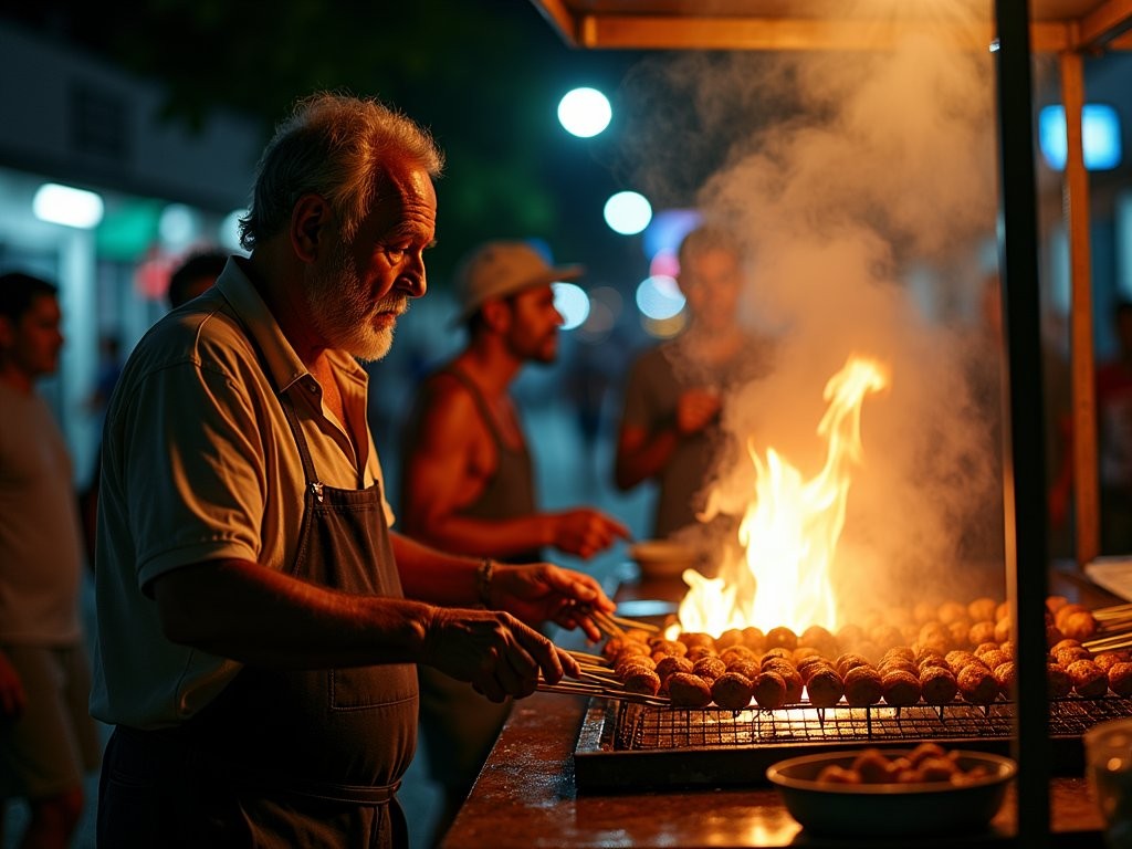 Local chef grilling pinchos (meat skewers) over open flame at night in Arecibo