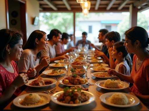 Multi-generational Puerto Rican family sharing traditional Sunday lechón meal in Arecibo restaurant