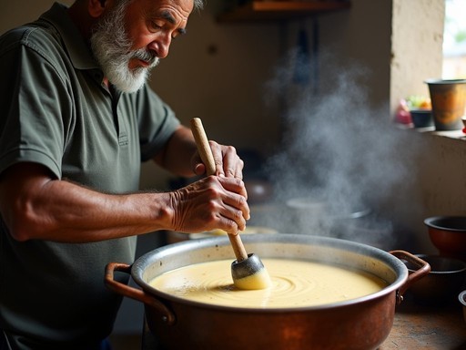 Elderly Puerto Rican artisan making traditional tembleque coconut pudding in Arecibo