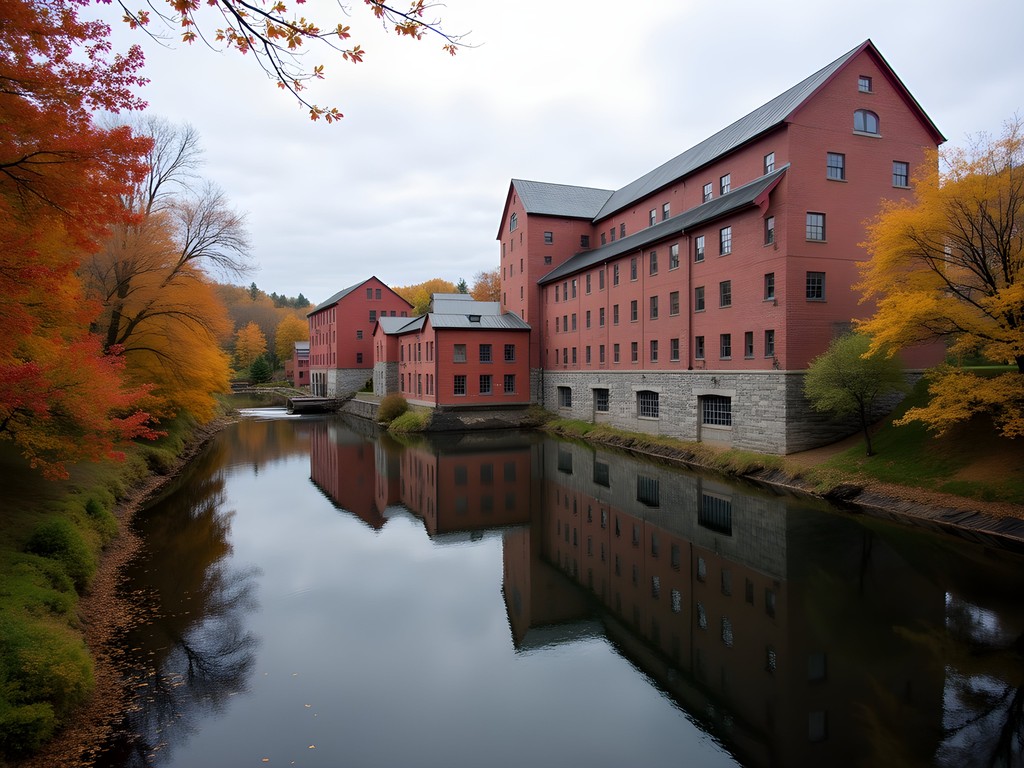 Historic red brick Bates Mill buildings reflected in Androscoggin River with autumn foliage