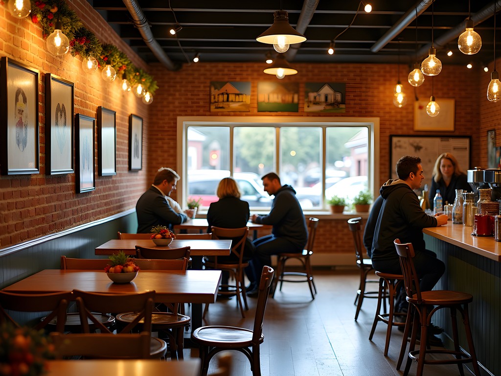 Cozy coffee shop interior with local artwork, wooden tables, and fall decorations in Auburn Maine