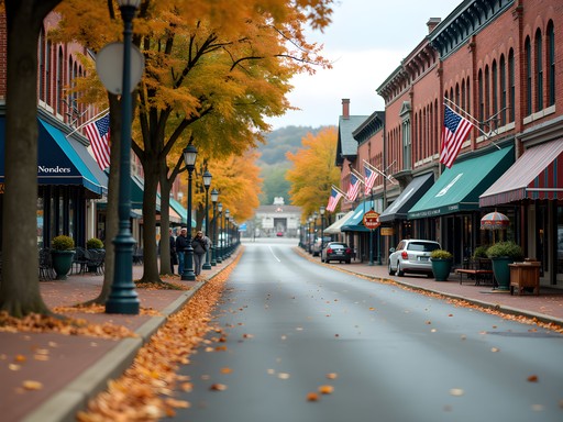 Auburn Maine downtown street with historic buildings, fall foliage, and small local businesses