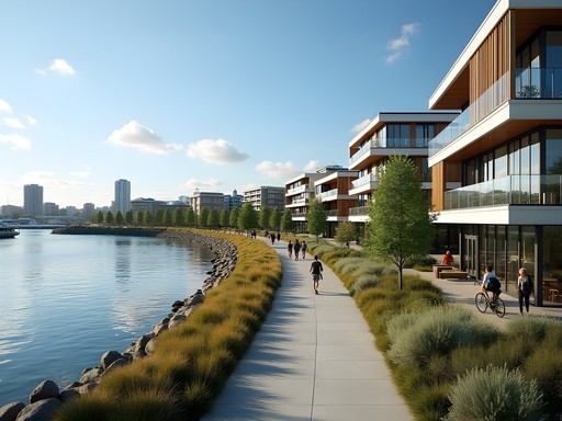 Sustainable urban design at Hobsonville Point showing waterfront walkways and repurposed historic buildings