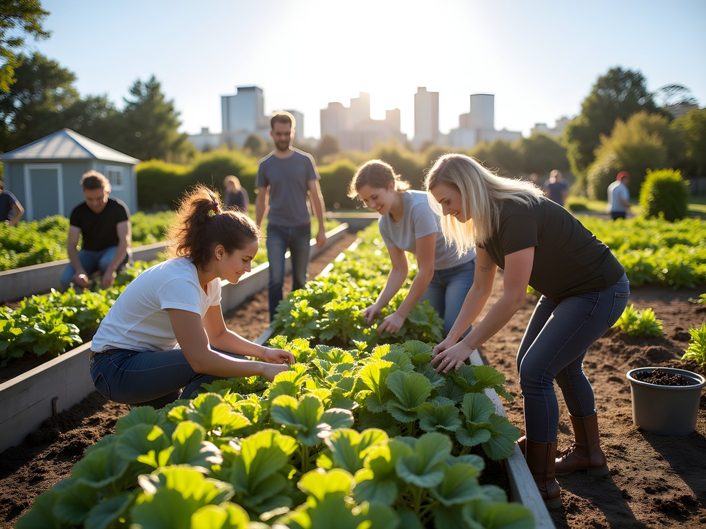 Diverse group of volunteers working in Kelmarna Gardens community farm in Auckland