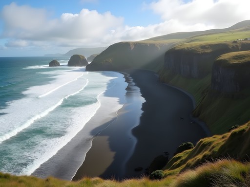 Dramatic black sand coastline and cliffs of Te Henga Walkway near Auckland