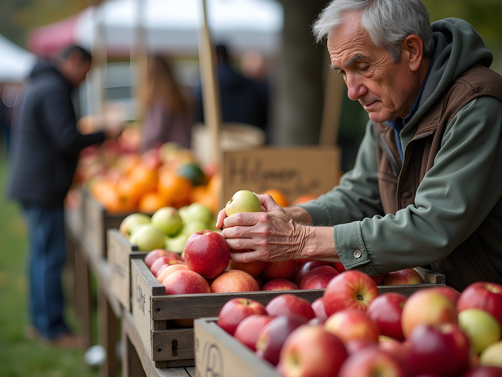Local farmer displaying heirloom apples and fall produce at Augusta Farmers' Market