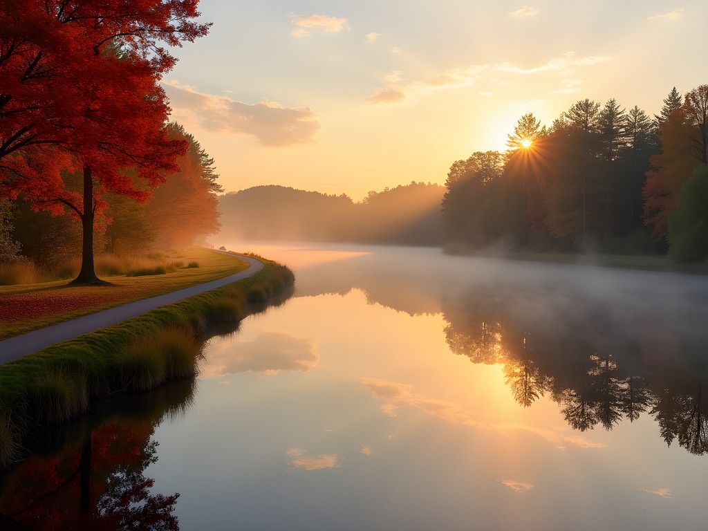 Morning mist over Kennebec River with autumn foliage in Augusta, Maine