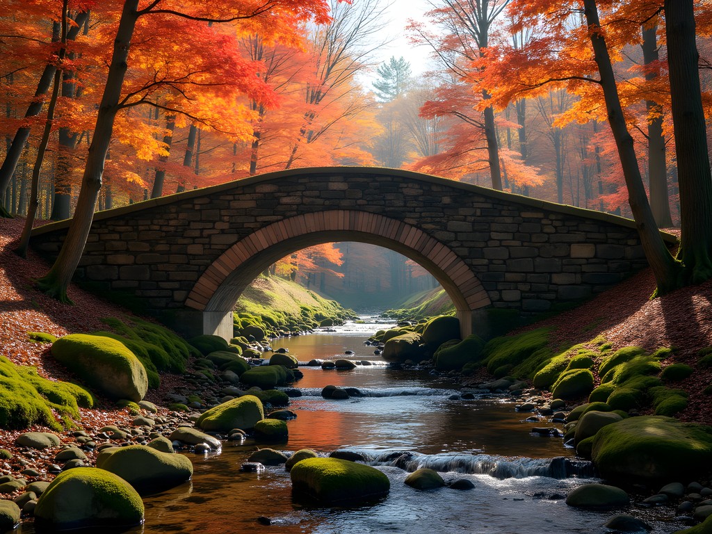 Stone bridge surrounded by fall foliage at Vaughan Woods State Park near Augusta, Maine