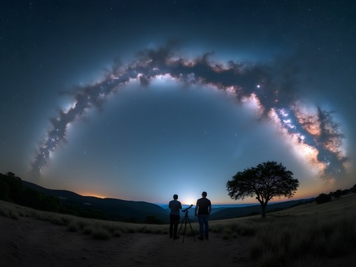 Night sky over Canyon of the Eagles Nature Park showing Milky Way and silhouettes of telescope observers