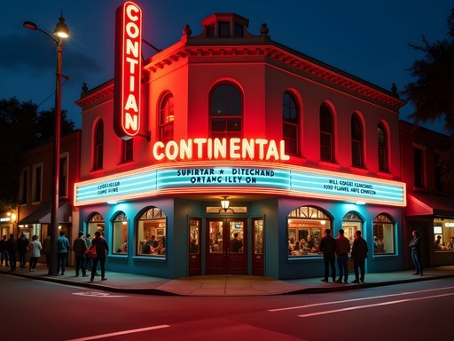 The historic Continental Club on South Congress at night with neon signs and music lovers gathering outside