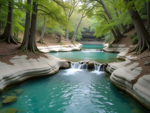 Secluded swimming hole at Sculpture Falls on Barton Creek Greenbelt with limestone cliffs and crystal clear water