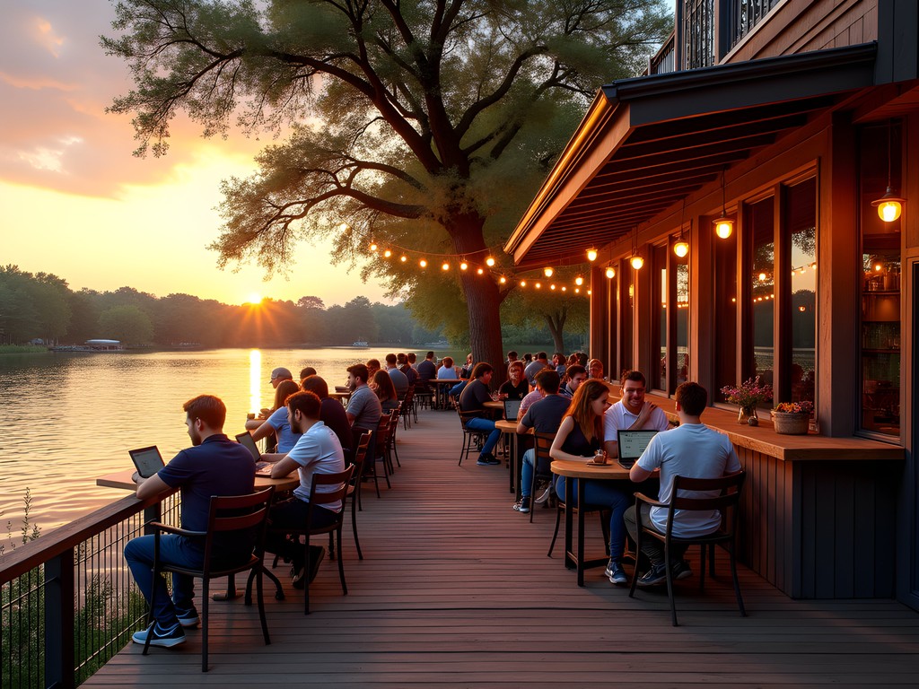 Sunset view from Mozart's Coffee Roasters deck overlooking Lake Austin with people working and socializing