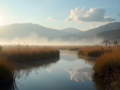 Wetland conservation project near Anjar with mountains in background