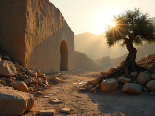 The Stone of the Pregnant Woman quarry site at dawn with prayer ribbons