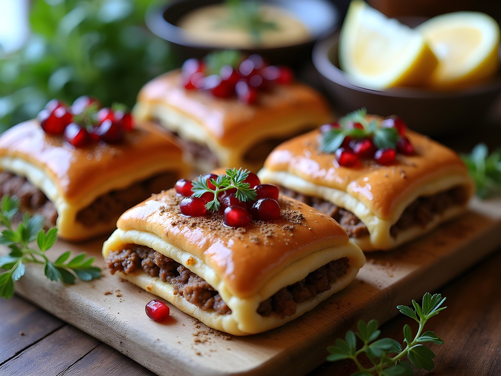Traditional Baalbeki sfeeha meat pies with pomegranate molasses