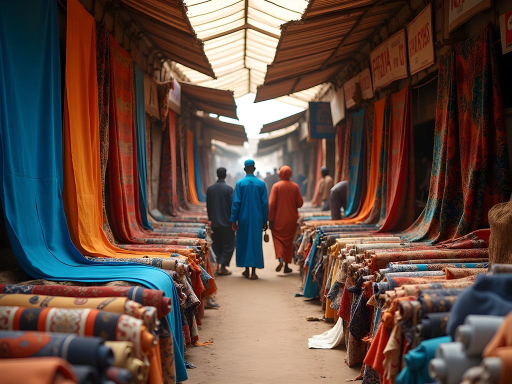 Colorful textile displays at Grand Marché in Bamako with local vendors and customers