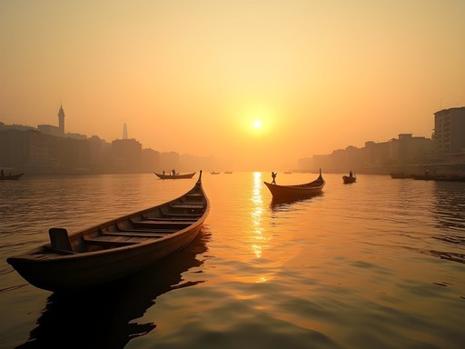 Sunset view of Bamako skyline along the Niger River with fishermen in wooden pirogues