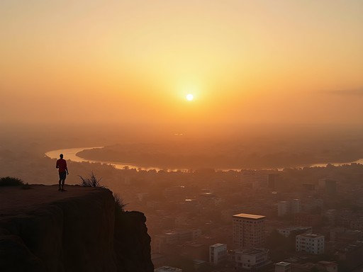 Panoramic sunrise view of Bamako from Point G Hill showing the Niger River and cityscape