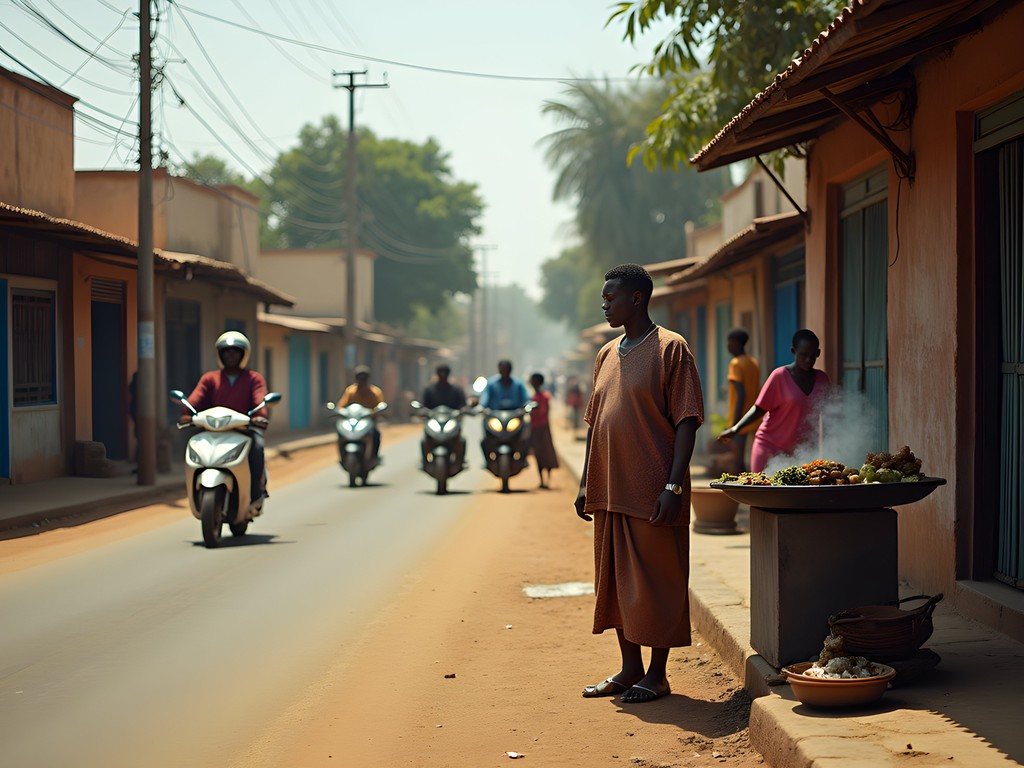 Everyday street scene in Bamako showing local life with shops, motorcycles and pedestrians