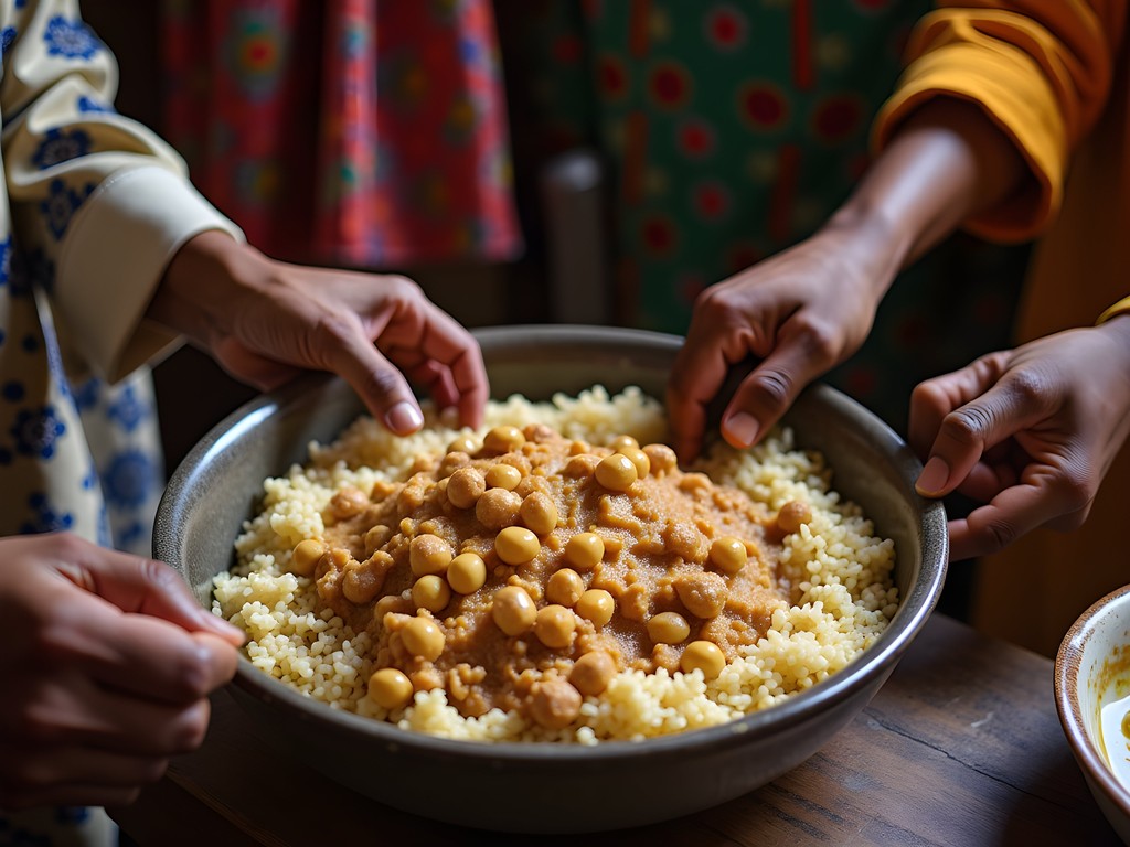 Traditional Malian communal meal being shared with people eating from a central dish