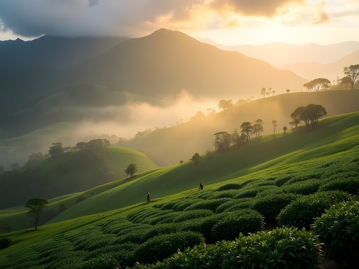 Misty morning view of Ndawara tea plantation in Bamenda highlands