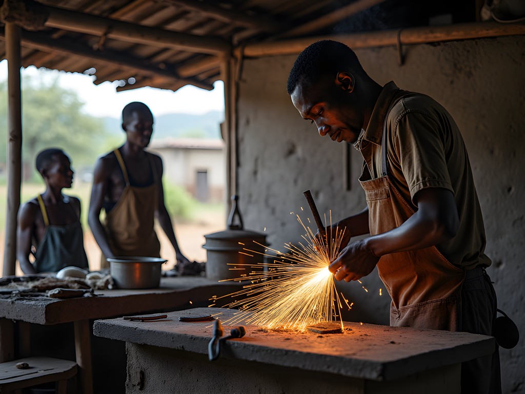 Traditional blacksmith working with apprentices in Bali village near Bamenda